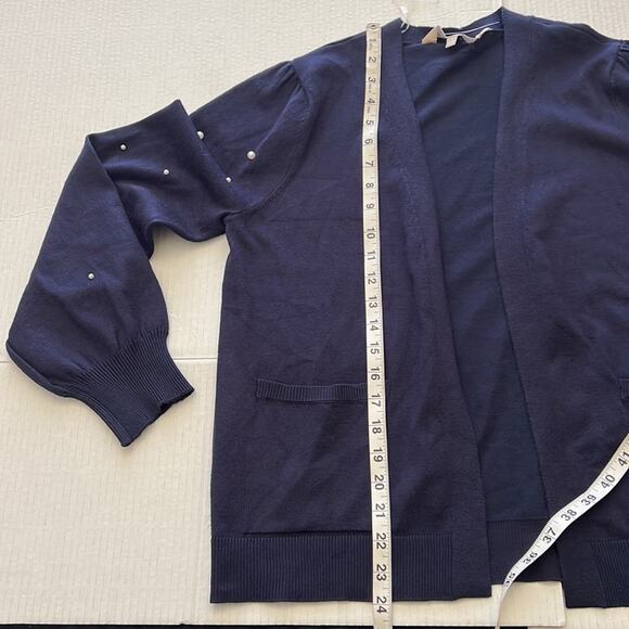 Chloe and Jasmine Pearl Cardigan Women’s Size M Navy Blue Sleeve Open Front READ - Picture 9 of 10